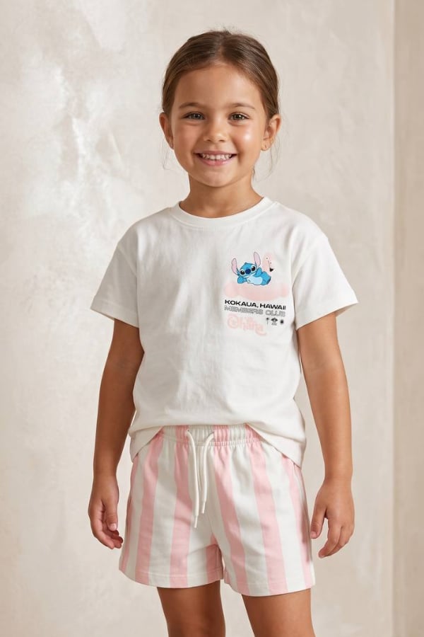 Kız Çocuk Stitch Baskılı Şortlu Takım  