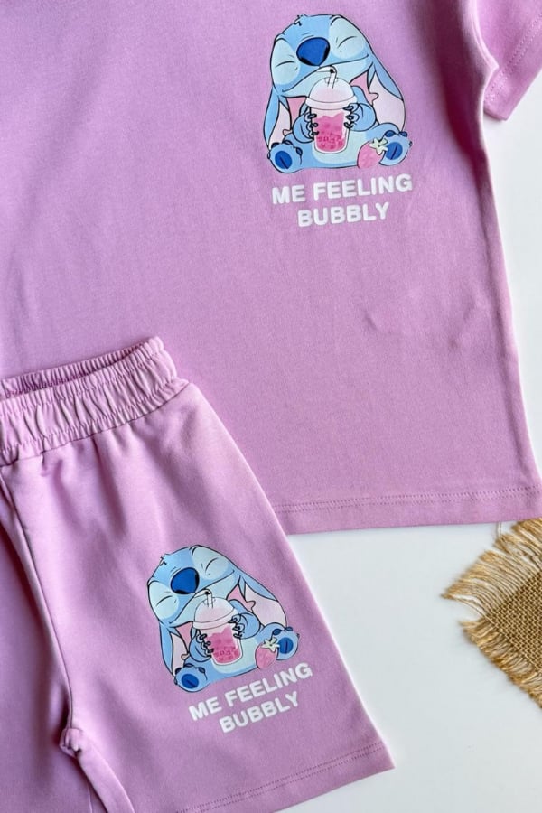 Kız Çocuk Stitch Baskılı Yazlık Tişört ve Şort Takım Lila