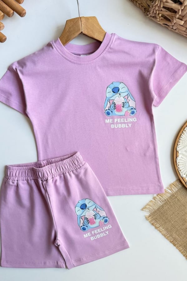 Kız Çocuk Stitch Baskılı Yazlık Tişört ve Şort Takım Lila