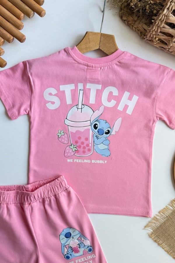 Kız Çocuk Stitch Baskılı Yazlık Tişört ve Şort Takım