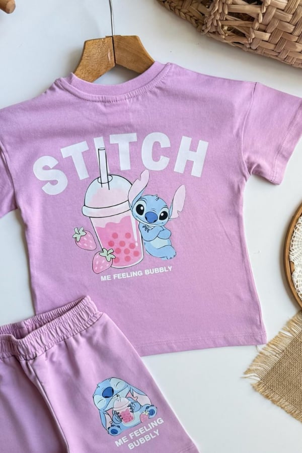 Kız Çocuk Stitch Baskılı Yazlık Tişört ve Şort Takım Lila