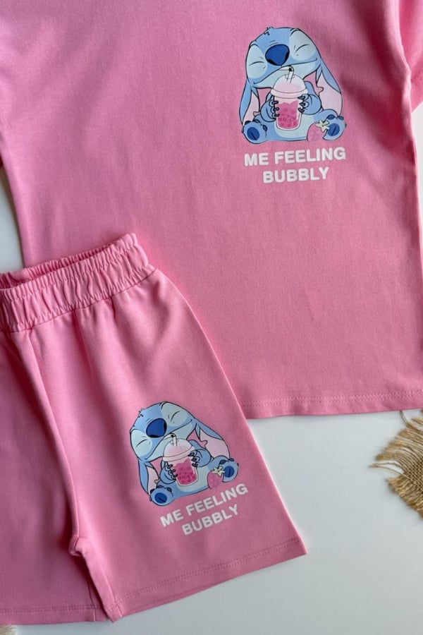 Kız Çocuk Stitch Baskılı Yazlık Tişört ve Şort Takım