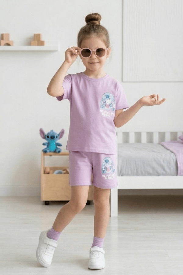 Kız Çocuk Stitch Baskılı Yazlık Tişört ve Şort Takım Lila