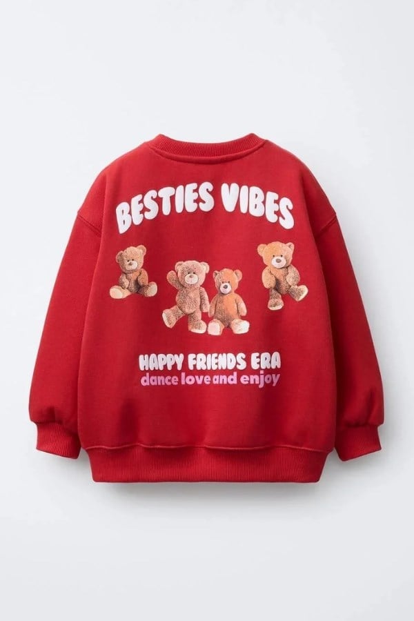 La Ciel Paris Kız Çocuk Ayı Baskılı Sweatshirt Kırmızı