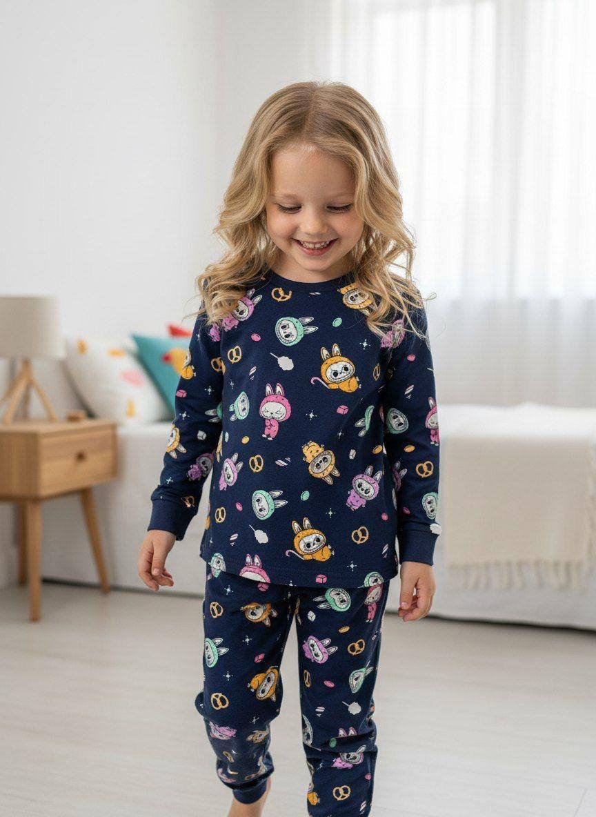 Labubu Temalı Lacivert Pijama Takımı – Kız Çocuk, 2–8 Yaş