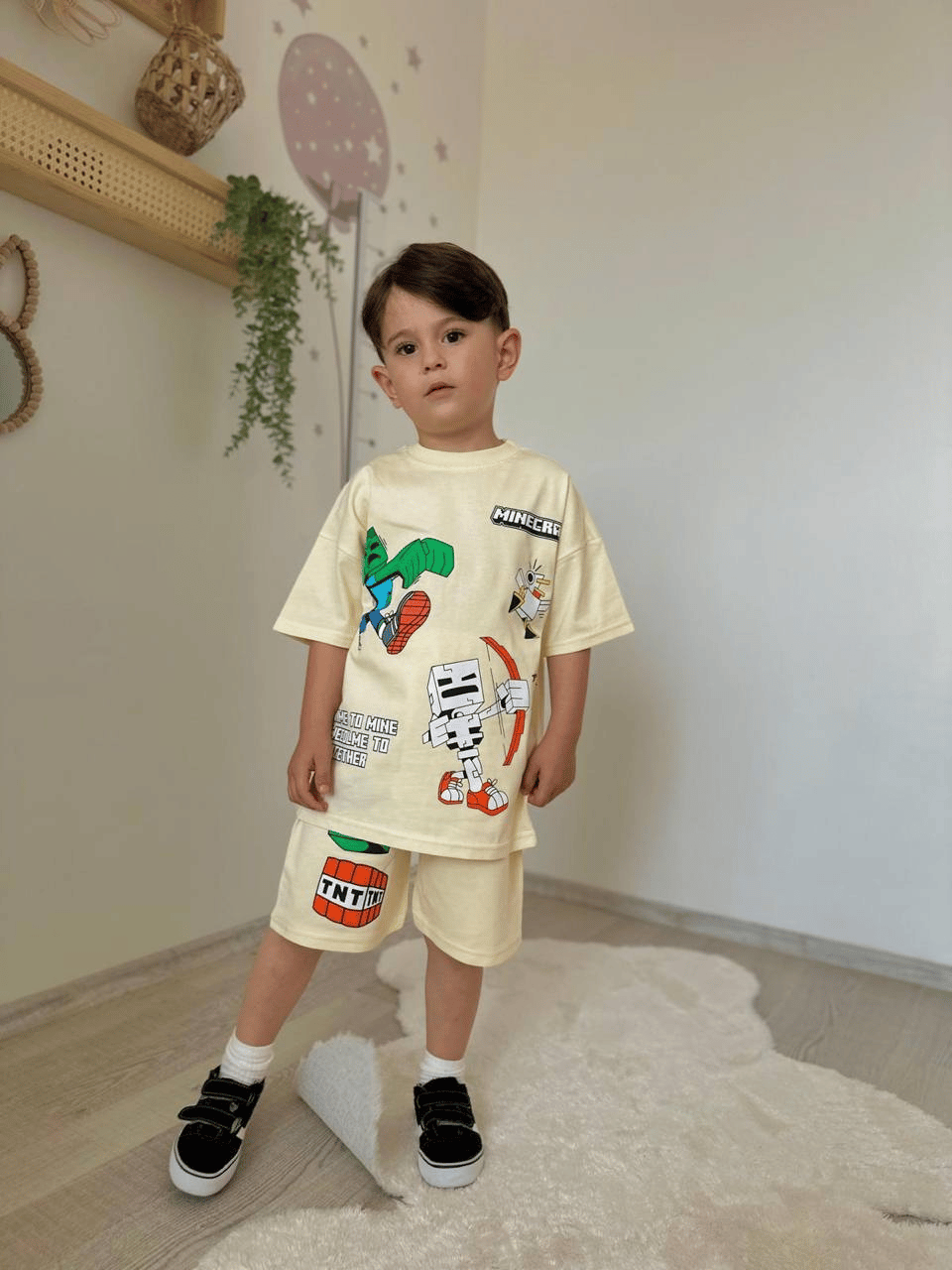 Minecraft Baskılı Erkek Çocuk Takımı (Bej)