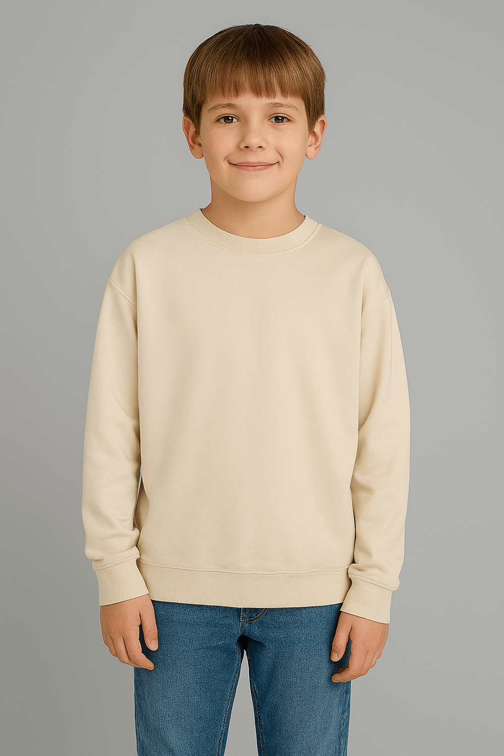 Oversize Basic Sweatshirt, 3 İplik Şardonlu– Krem