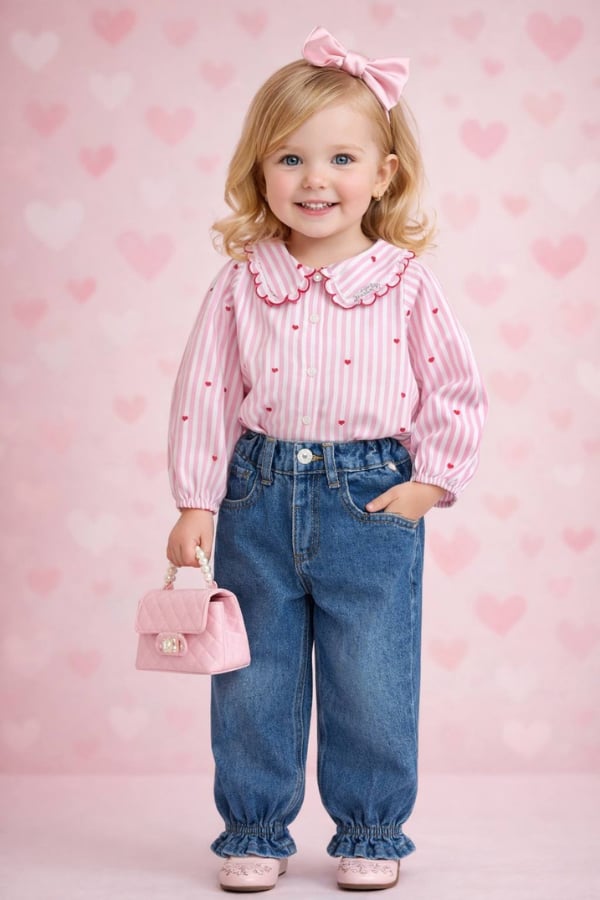 Kız Çocuk Kalp Nakışlı Bebe Yaka Gömlek ve Denim Pantolon Takım