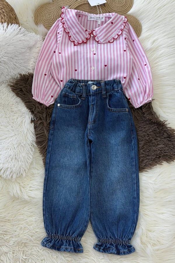 Kız Çocuk Kalp Nakışlı Bebe Yaka Gömlek ve Denim Pantolon Takım