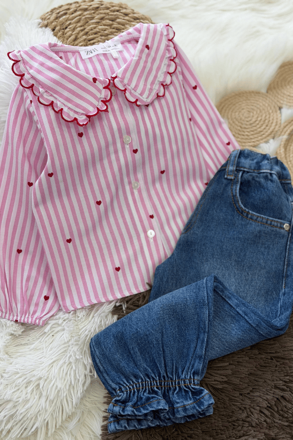 Kız Çocuk Kalp Nakışlı Bebe Yaka Gömlek ve Denim Pantolon Takım