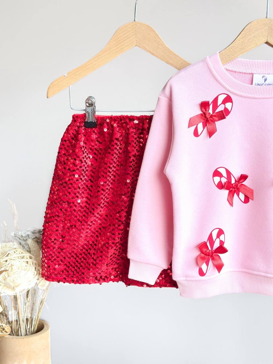 Unicorn Kurdele Aplikeli Pullu Etekli Takım – Pembe & Kırmızı, Kız Çocuk, 2–8 Yaş