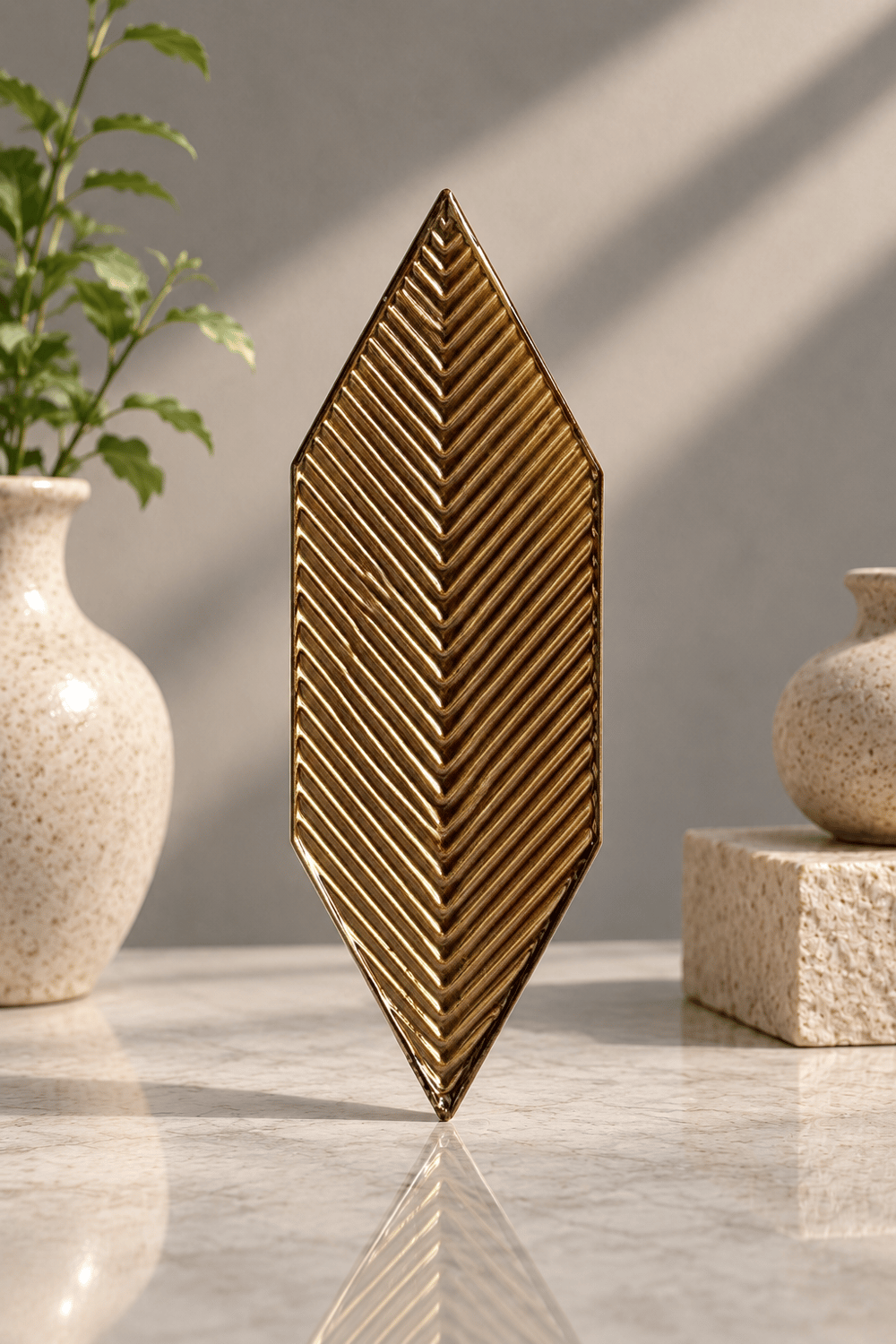 Armada Çini 05X15 Cm Çizgili Yaprak Bronz Seramik