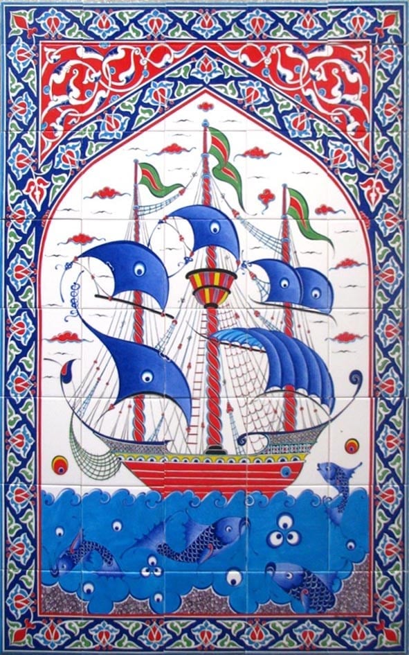 Armada Çini 100x160 Cm ED 651 Osmanlı Kalyon Gemi Desenli El dekoru Çini Pano