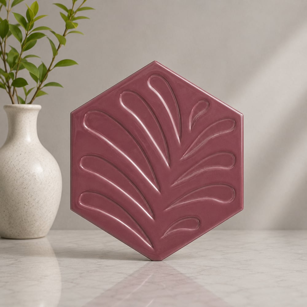 Armada Çini 15x17 Cm Yapraklı Koyu pembe Altıgen Çini Seramik 