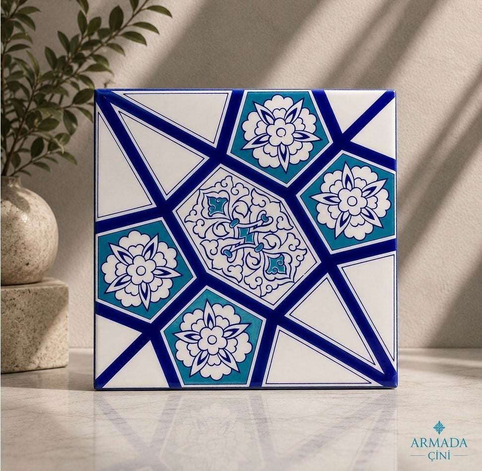 Armada Çini 20x20 Cm AC 3 A Geometrik Mavi Beyaz Desen Çini Karo