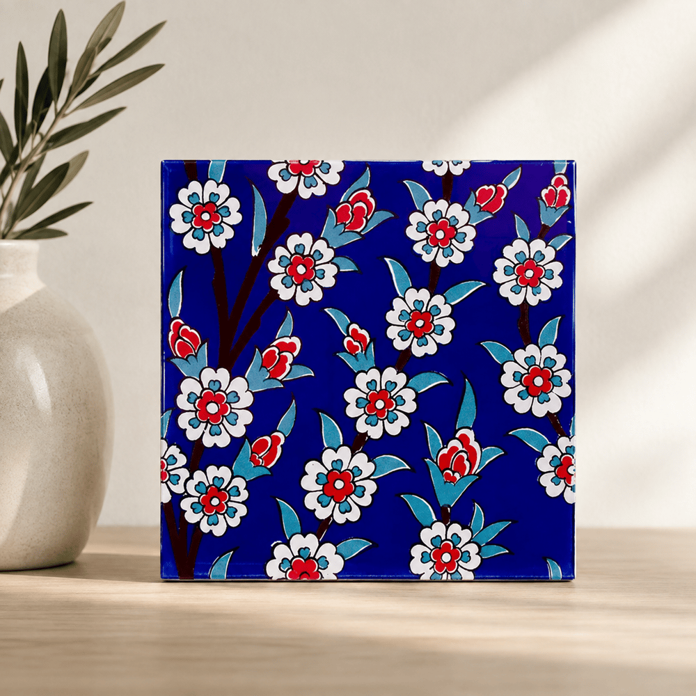 Armada Çini 20x20 Cm Ac 60 Kobalt Papatya Kütahya Çini Desenli Karo