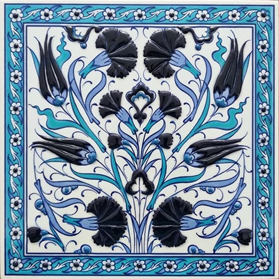 Armada Çini 20x20 Cm ED 364 Lale Karanfil Turkuaz Kobalt Desenli Eldekoru Çini karo