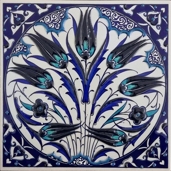 Armada Çini 20x20 Cm ED 367 Lale Karanfil Kobalt Desenli Eldekoru Çini karo
