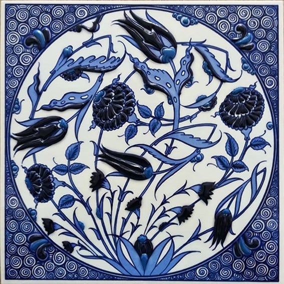 Armada Çini 20x20 Cm ED 369 Lale Karanfil Kobalt Desenli Eldekoru Çini karo