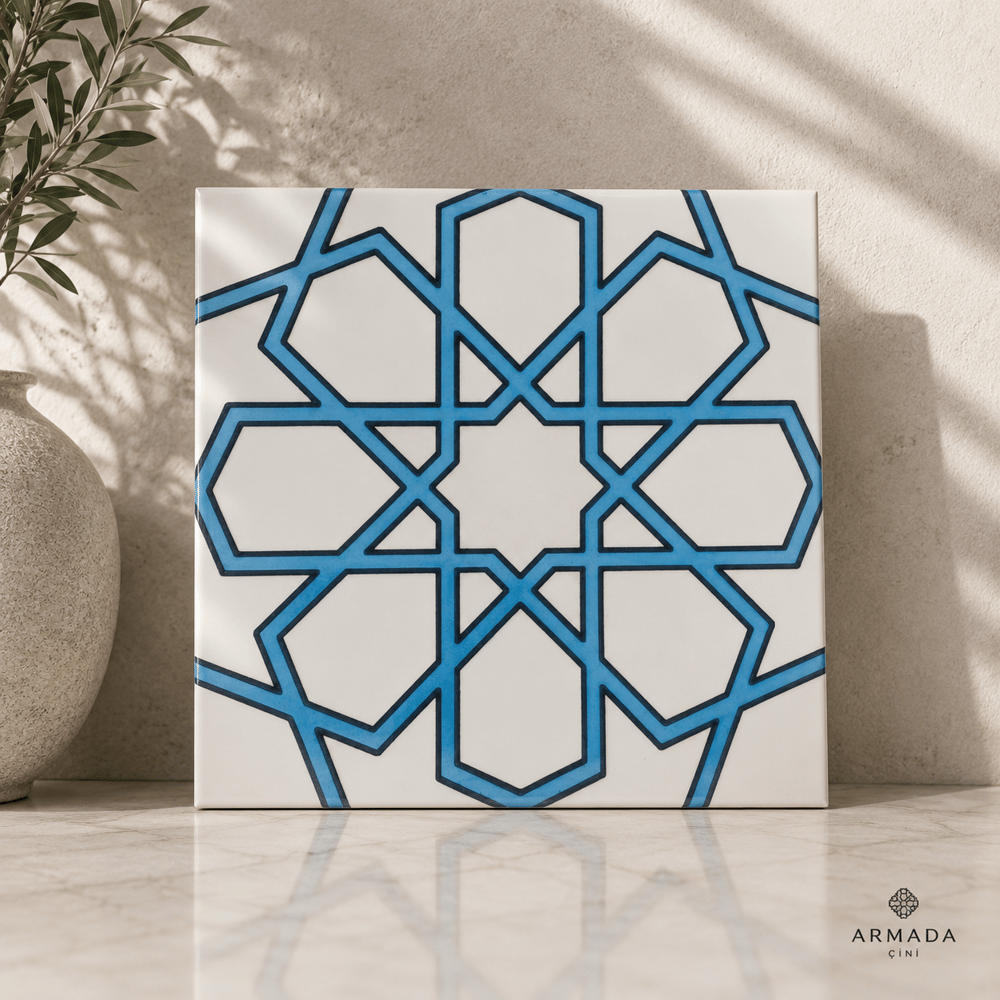 Armada Çini 20x20 Cm SP 89-v Turkuaz Beyaz Türkmen Yıldızı Çini Karo