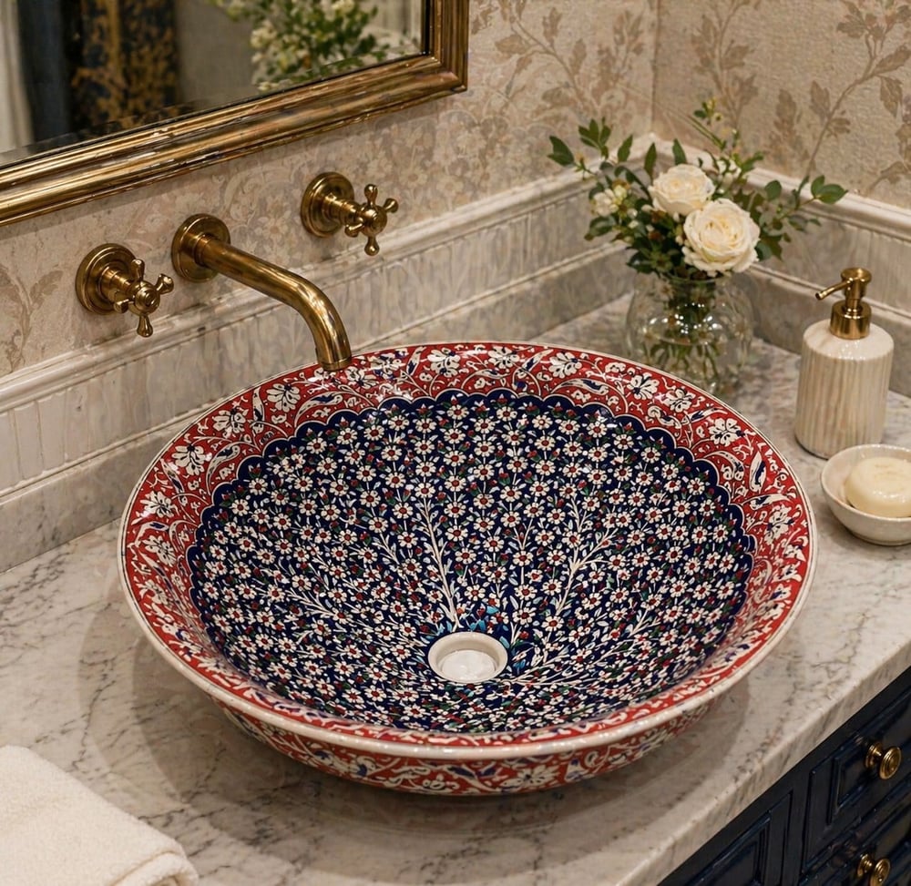 Armada Çini Hayat Ağacı Desenli El Yapımı Tezgah Üstü Çini Lavabo