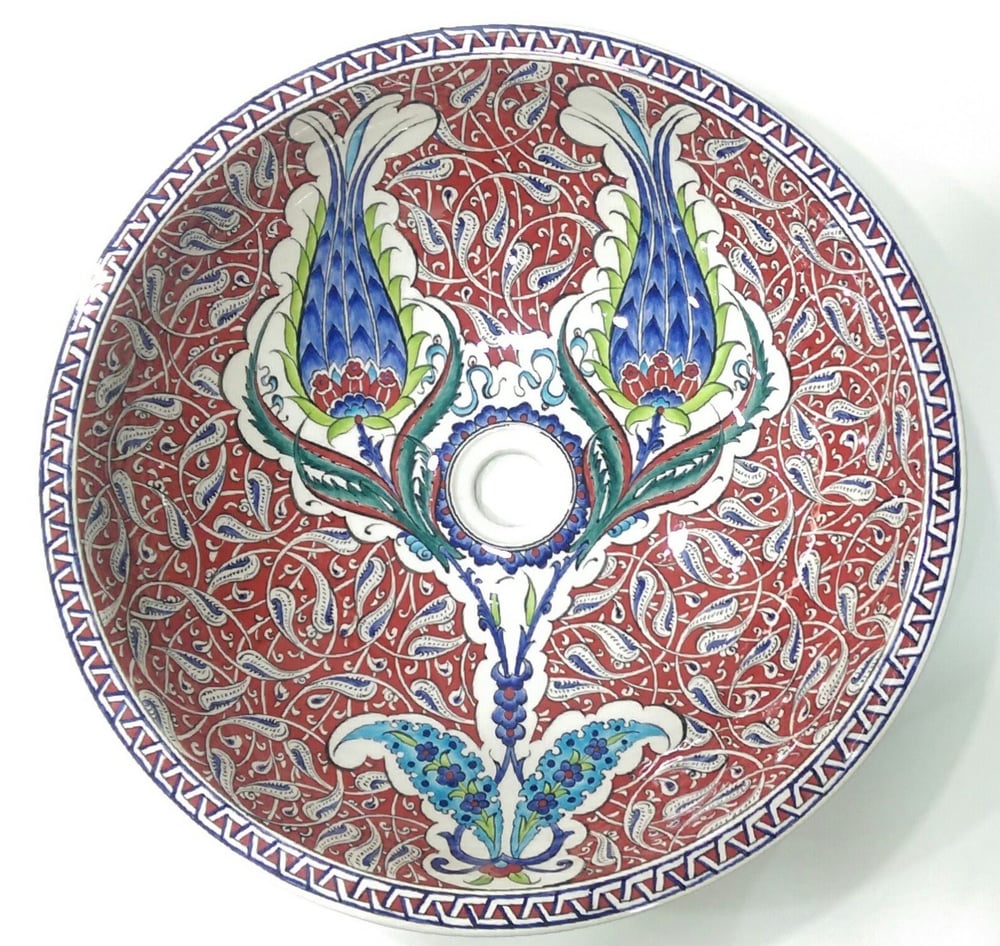 Armada Çini Şahlale Desenli El Yapımı Tezgah Üstü Çini Lavabo