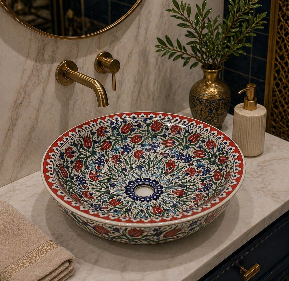 Armada Çini Yaprak Desenli El Yapımı Tezgah Üstü Çini Lavabo