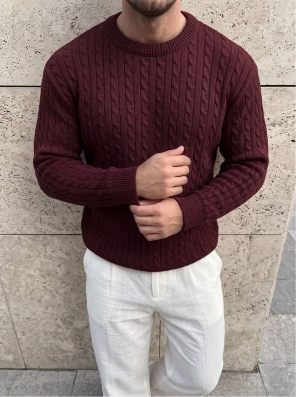 Bisiklet Yaka Saç Örgü Akrilik Bordo Rengi Triko