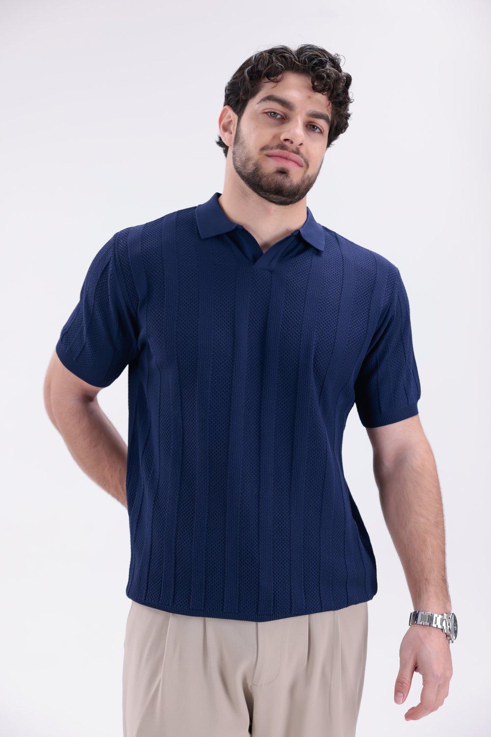 Lacivert Fitilli Örme Polo Yaka T-shirt