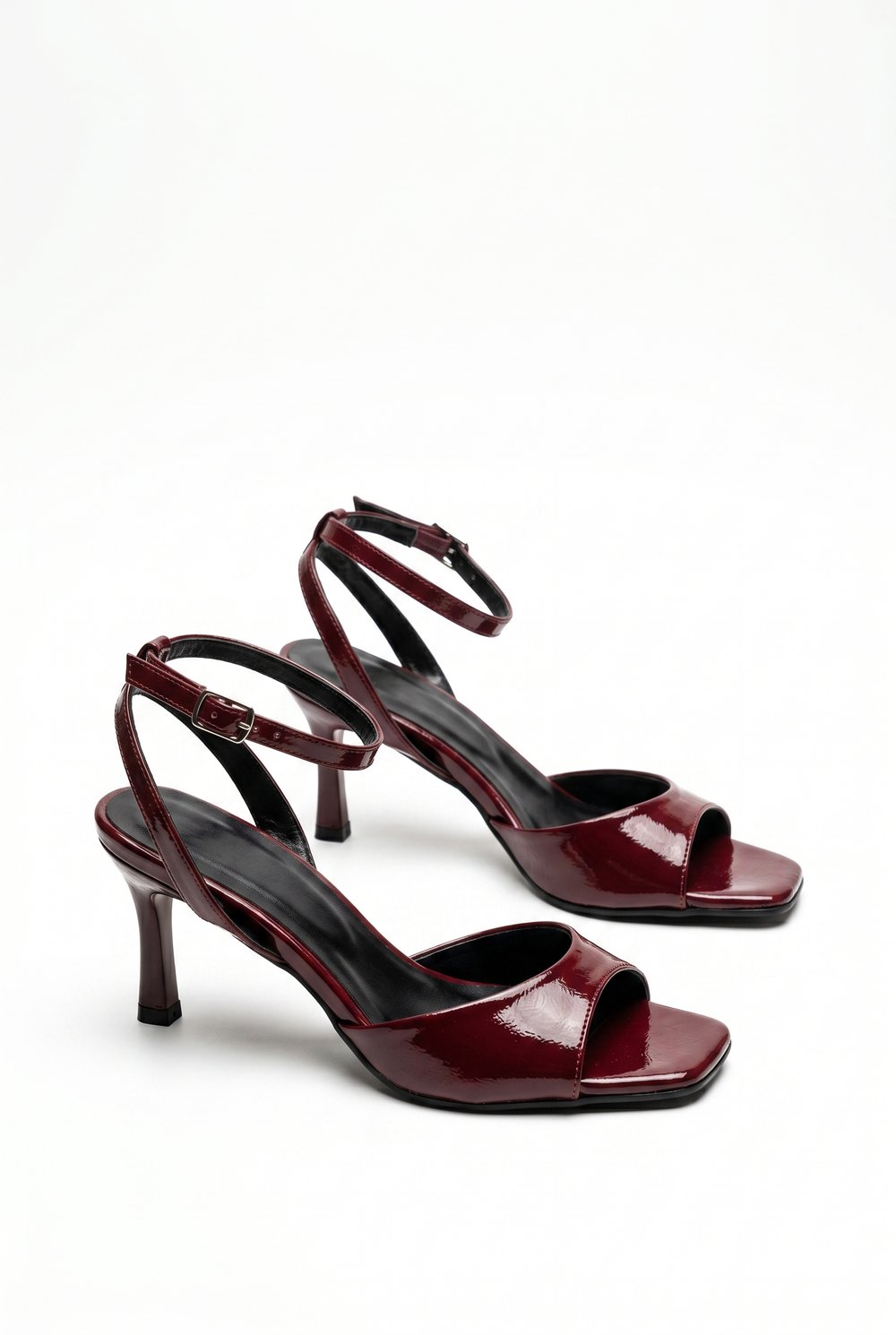  Kadın Bordo Bilekten Bağlamalı Küt Burun İnce Topuklu Stiletto Abiye Ayakkabı