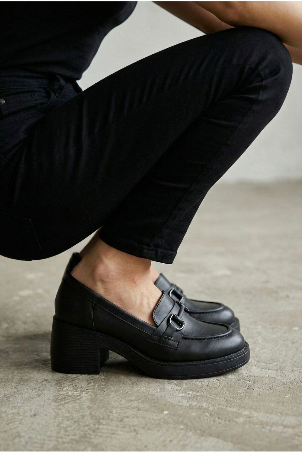 Kadın Siyah Kalın Tabanlı Tokalı Platform Topuklu Günlük Loafer Casual Ayakkabı