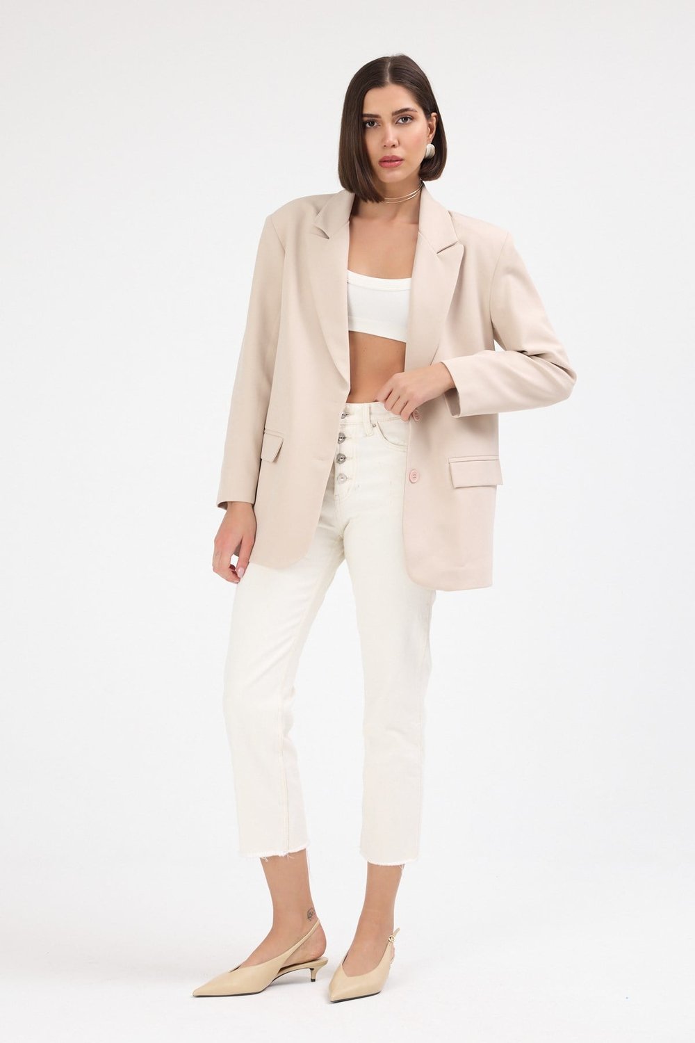 Kadın Oversize Bej Blazer Ceket