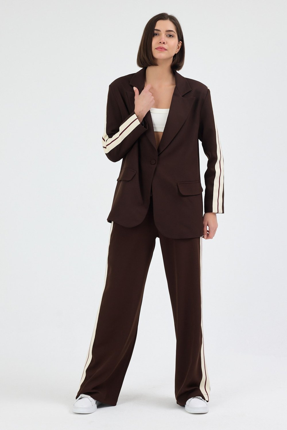 Kadın Yan Şerit Detaylı Oversize Blazer Ceket & Palazzo Kahverengi Takım