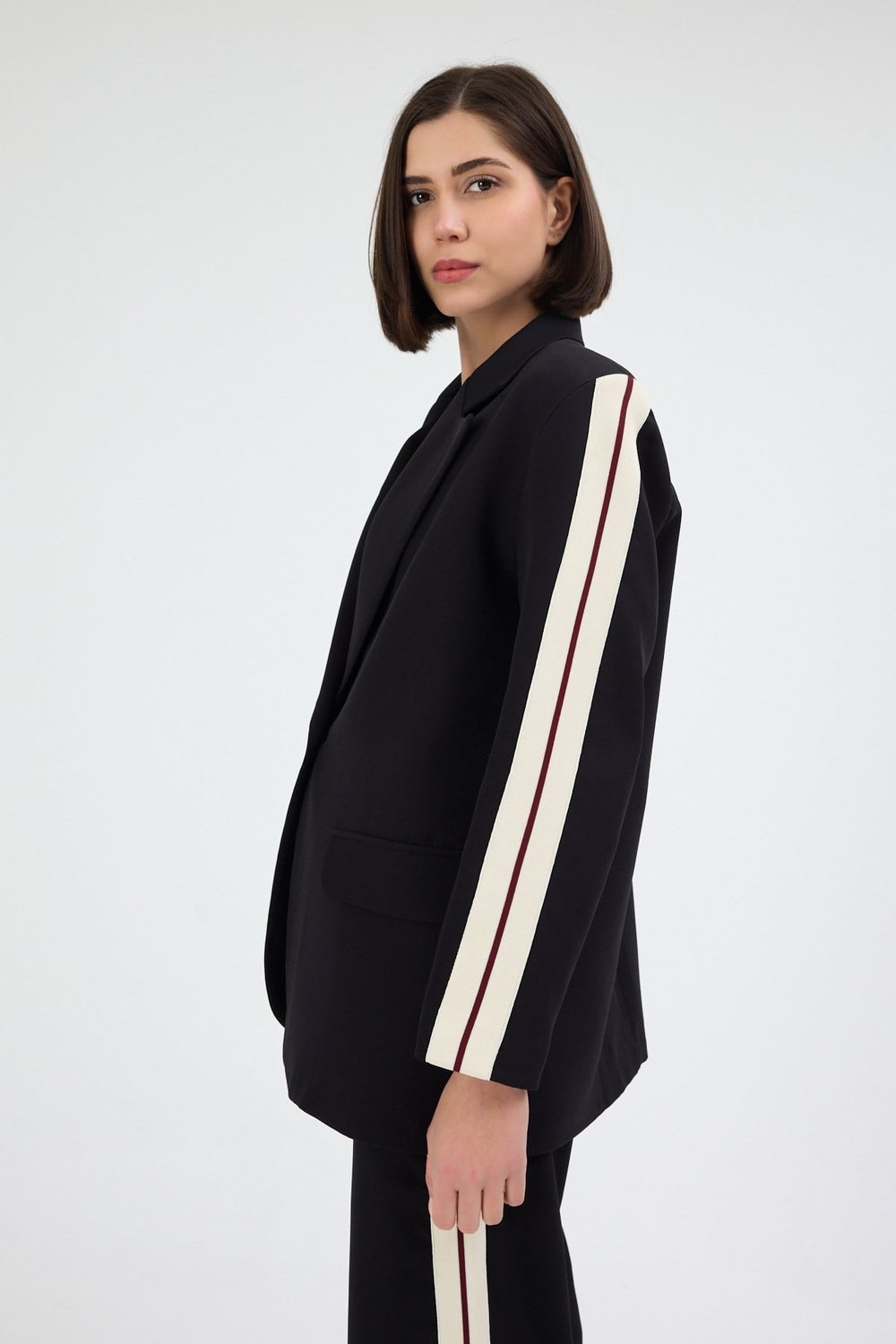 Kadın Yan Şerit Detaylı Oversize Blazer Ceket & Palazzo Siyah Takım