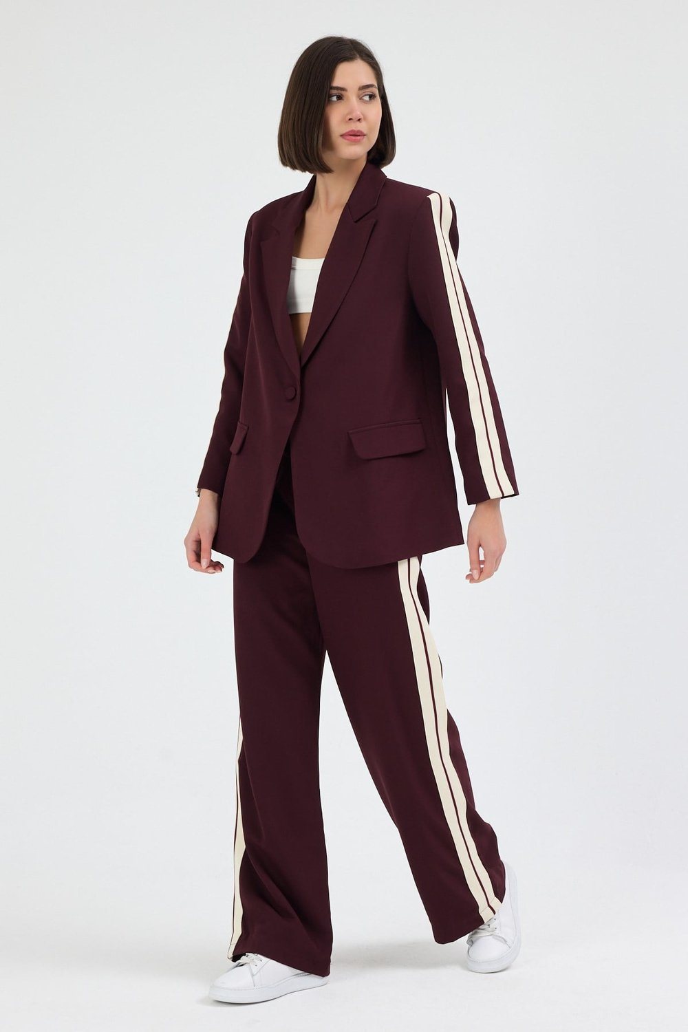 Kadın Yan Şerit Detaylı Oversize Blazer Ceket & Palazzo Mürdüm Takım