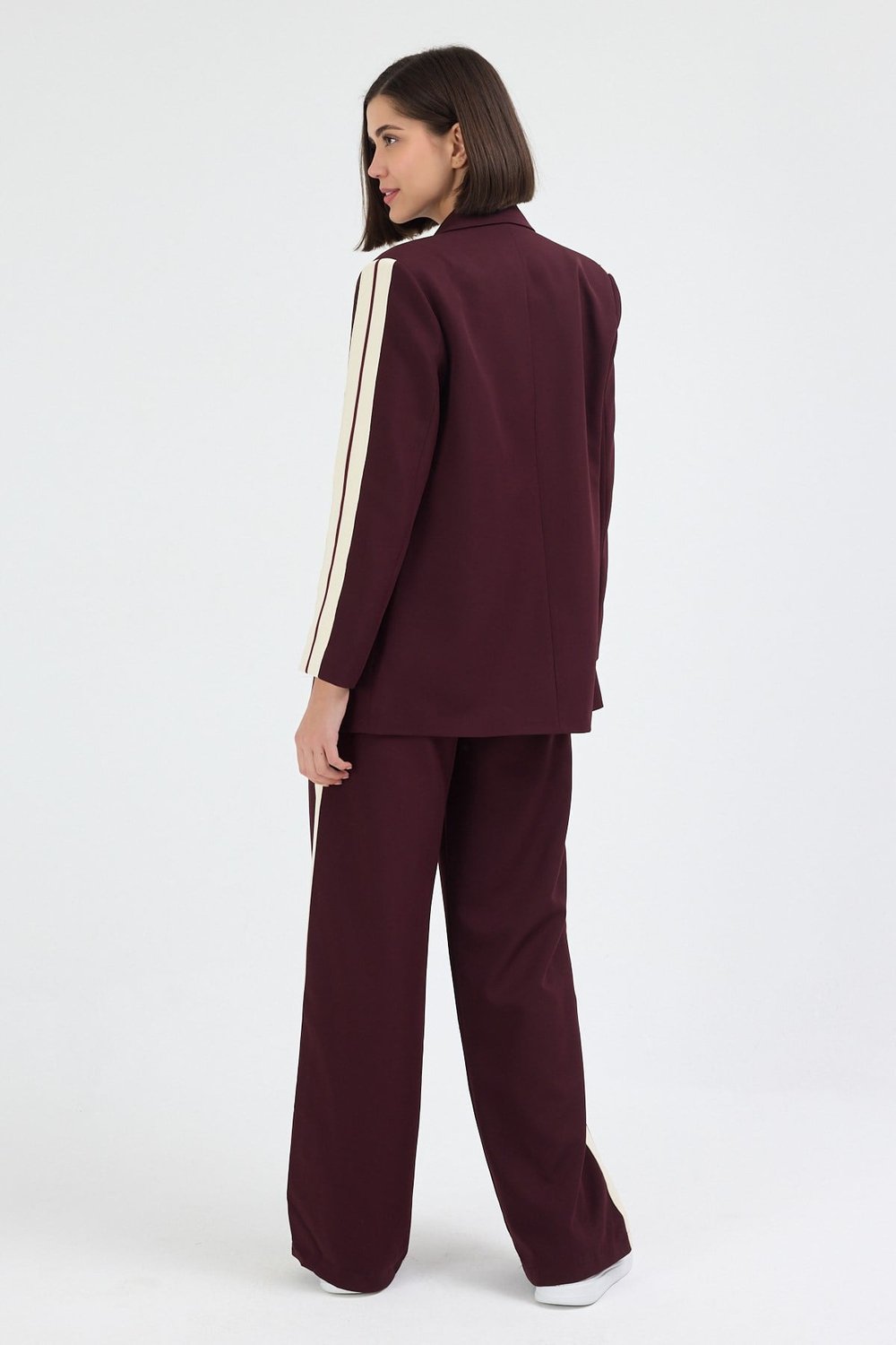 Kadın Yan Şerit Detaylı Oversize Blazer Ceket & Palazzo Mürdüm Takım