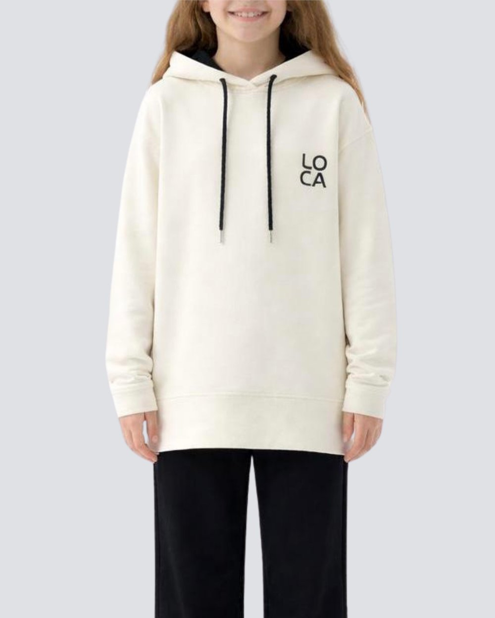 LOCA Baskılı Kapüşonlu Beyaz Uzun Sweatshirt