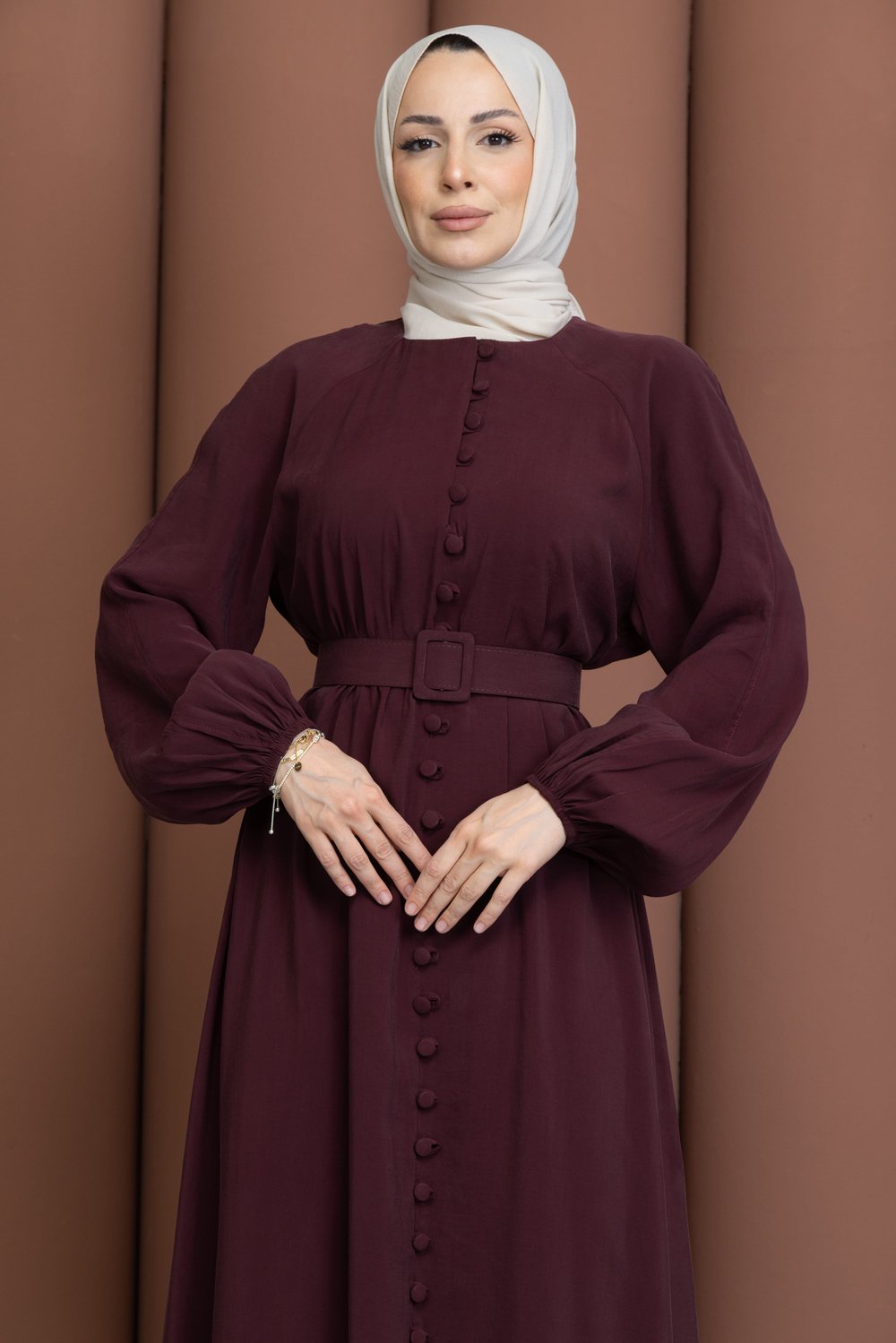 Düğmeli Kemerli Elbise Bordo