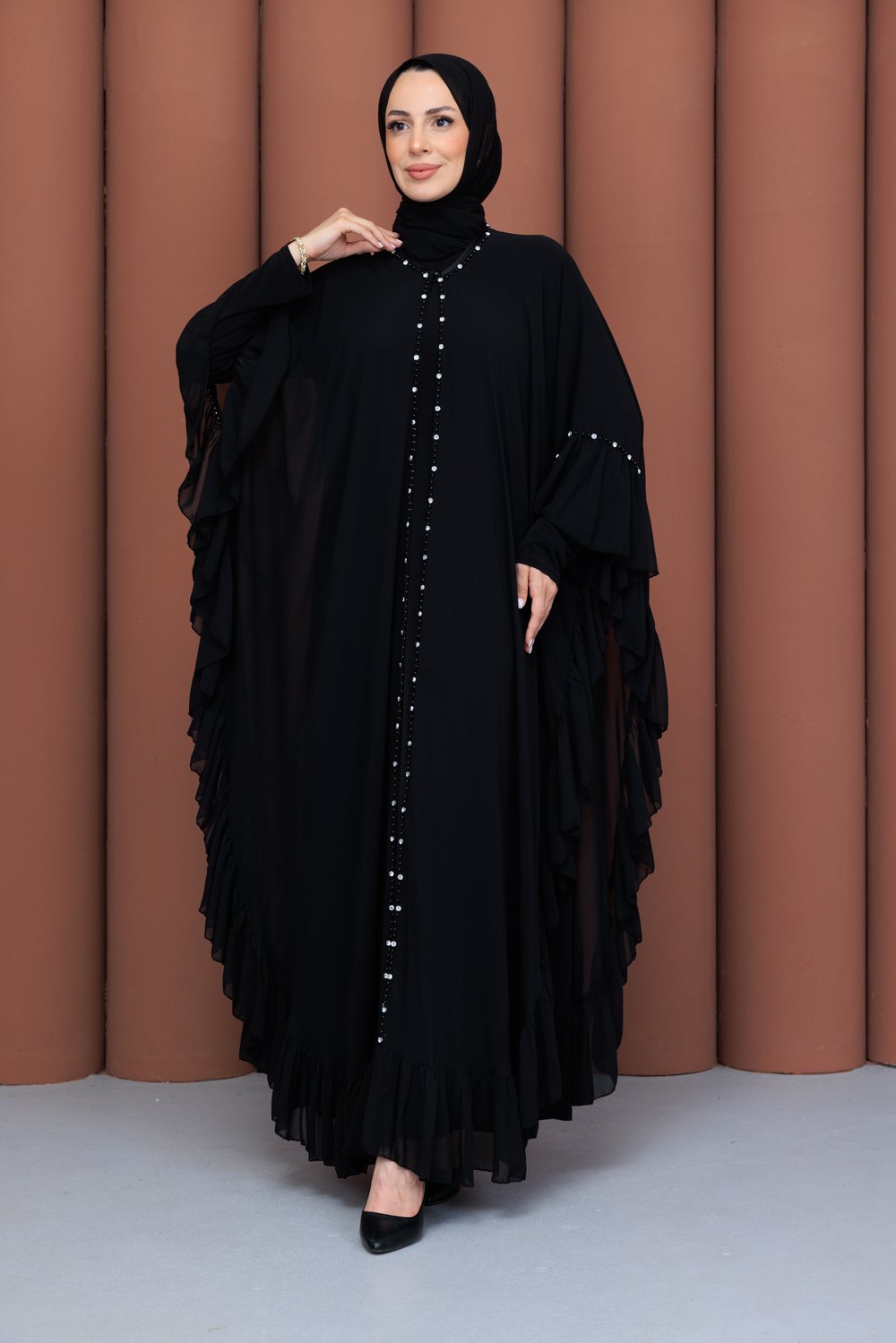 Taşlı Şifon Detaylı İçlikli Abaya  Siyah