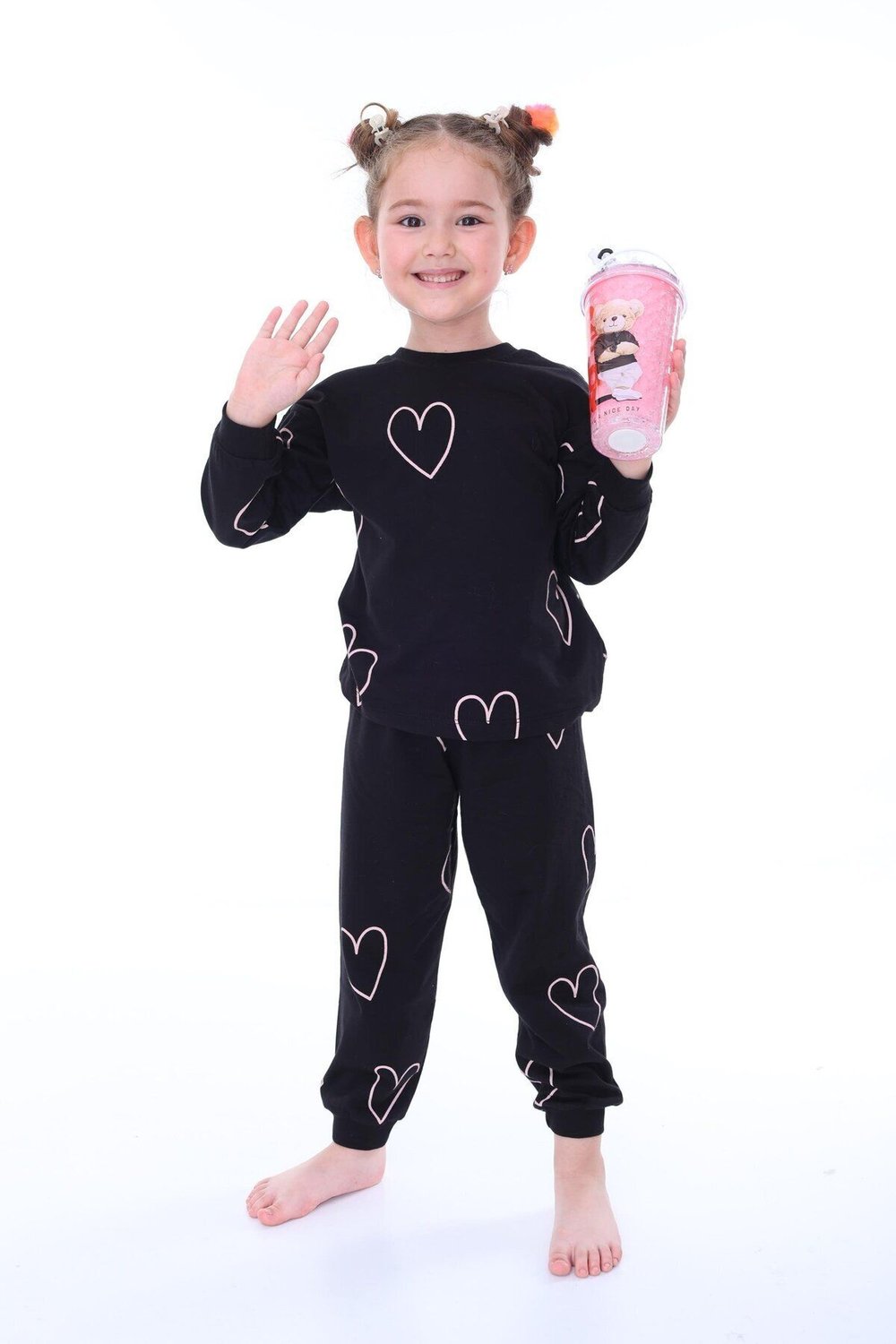 %100 Pamuk Kalp Desenli Uzun Kollu Siyah Kız Çocuk Pijama Takımı (3,4,5,6,7,8 YAŞ)