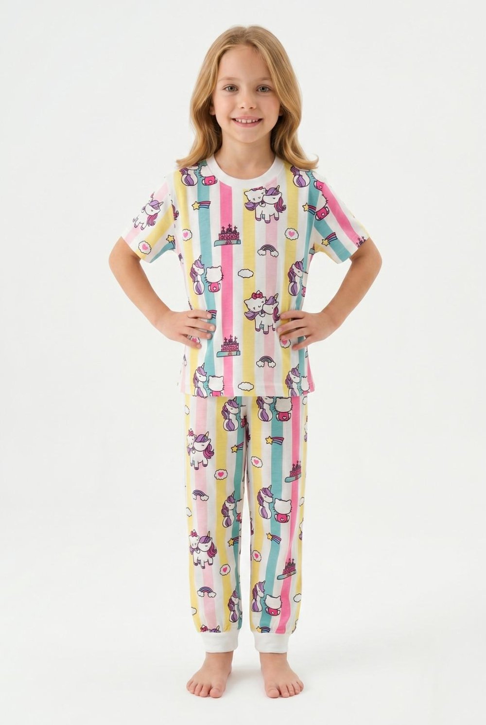 %100 Pamuk Yazlık Kısa Kollu Unicorn ve Kedi Desenli Kız Çocuk Pijama Takımı