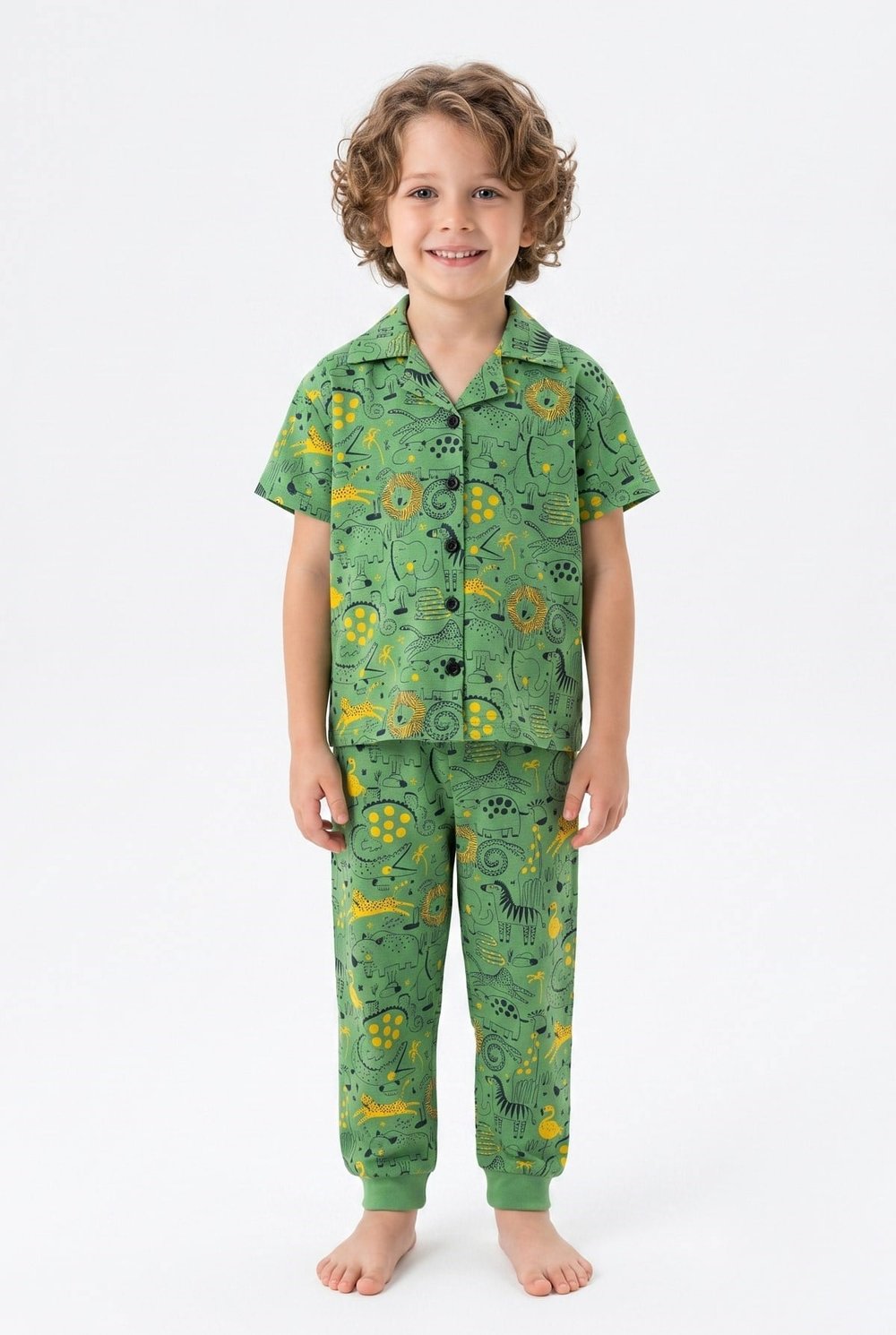 Dinozor Desenli Yazlık Erkek Çocuk Pijama Takımı - Düğmeli Gömlek Yakalı %100 Pamuklu Takım