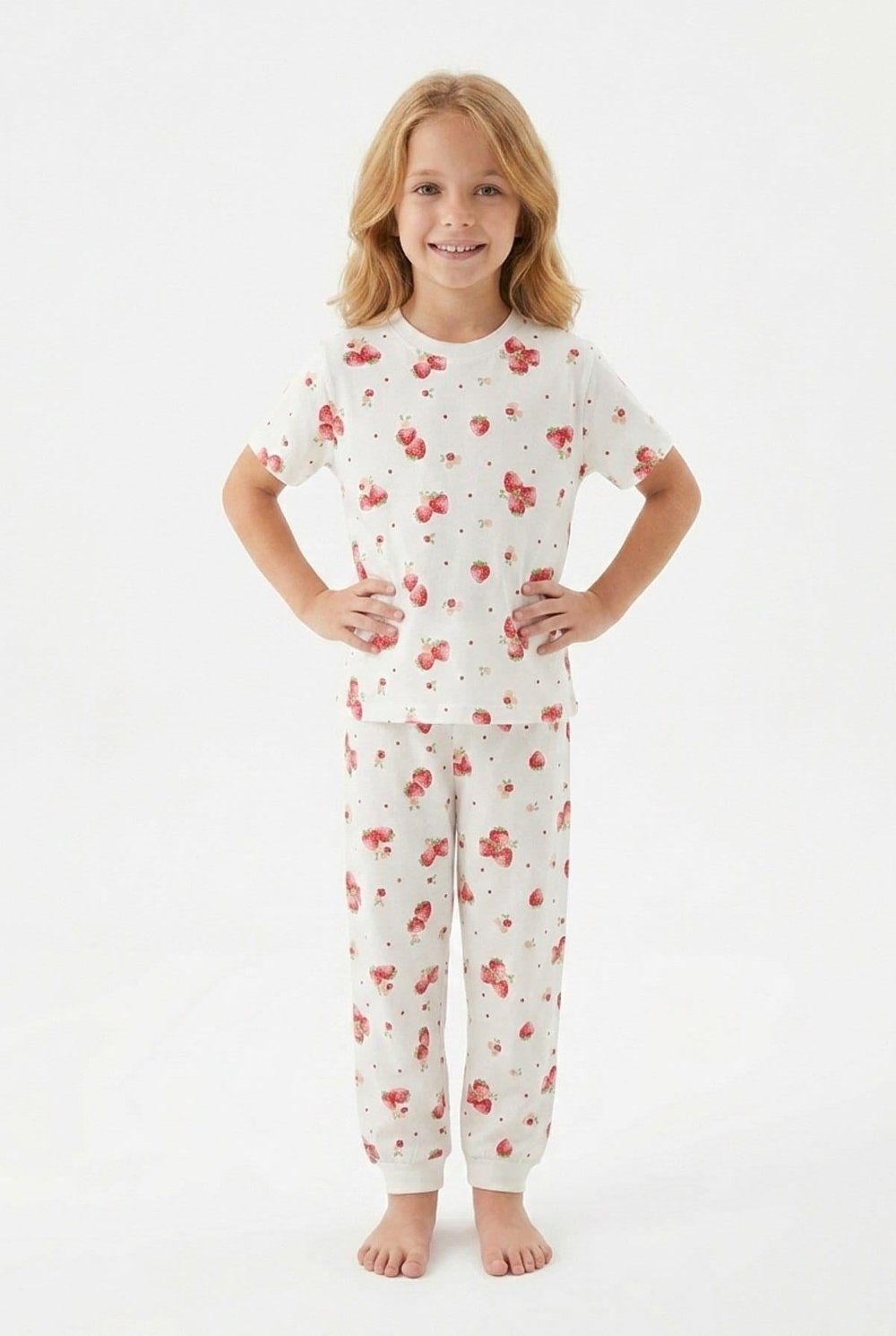 Kız Çocuk Pijama Takımı %100 Pamuk Çilek Desenli Yazlık Kısa Kollu