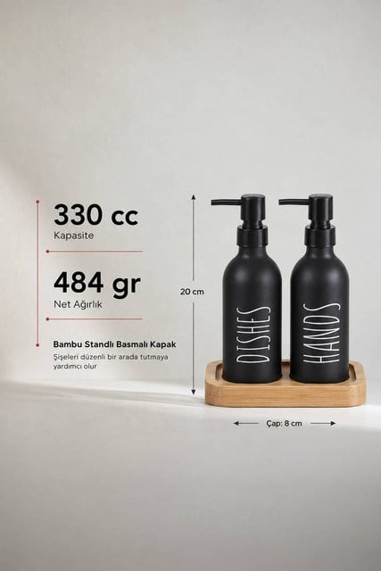 Bambu Standlı 2li Renkli Cam Sıvı Sabunluk Seti