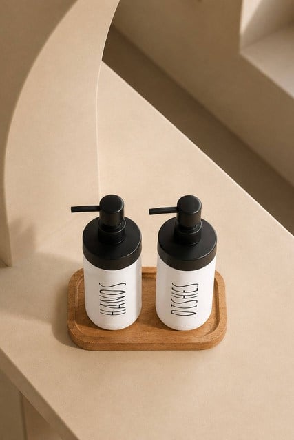 2li Bambu Standlı Renkli Cam Sıvı Sabunluk Seti 