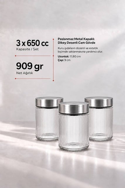 3’lü Metal Kapaklı Cam Saklama Kavanozu Seti 650 cc