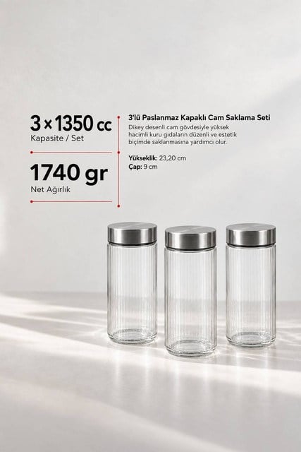 3’lü Metal Kapaklı Cam Saklama Kavanozu Seti 1350 cc