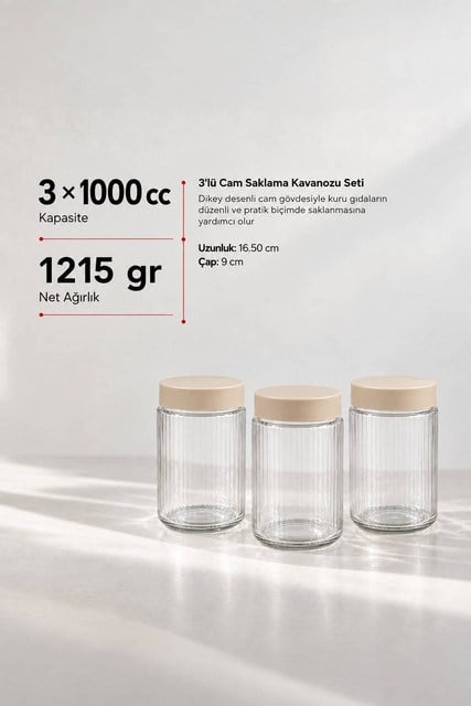 3’lü Diamond Cam Saklama Kavanozu Seti 1000 cc