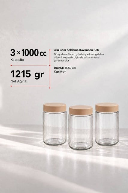 3’lü Diamond Cam Saklama Kavanozu Seti 1000 cc