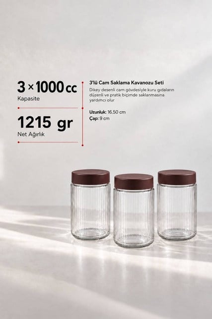 3’lü Diamond Cam Saklama Kavanozu Seti 1000 cc